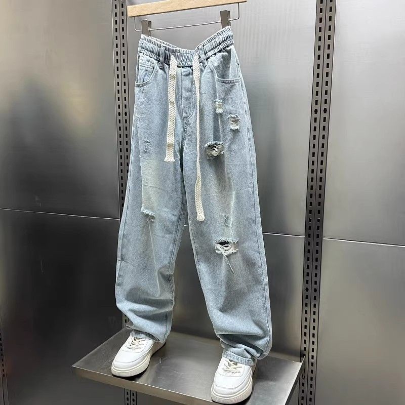 Men's Distressed Denim Pants Oversized Relaxed Fit Rope-Tie Blue Jeans Washed Vintage Style S-3XL_mkmklike.com
