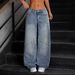 Women's Retro Wide Leg Jeans Light Blue Washed Street Style Loose Fit Workwear Floor Length with Visible Stitching_mkmklike.com