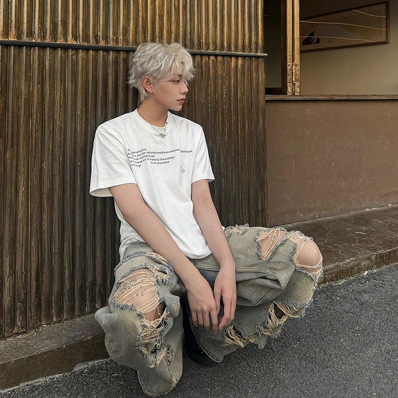 Men's Distressed Straight Leg Jeans Loose Fit Wide Leg High Street Style Trendy Cool Retro Long Pants_mkmklike.com
