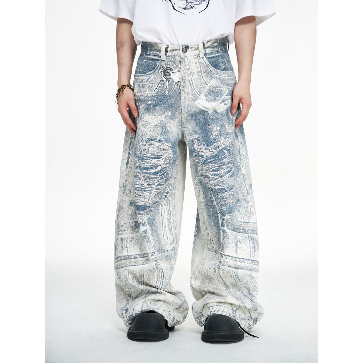 Retro 3D Printed Keychain Jeans Men's Baggy Wide-Leg Denim Pants with Digital Kangaroo Print Distressed Detailing_mkmklike.com