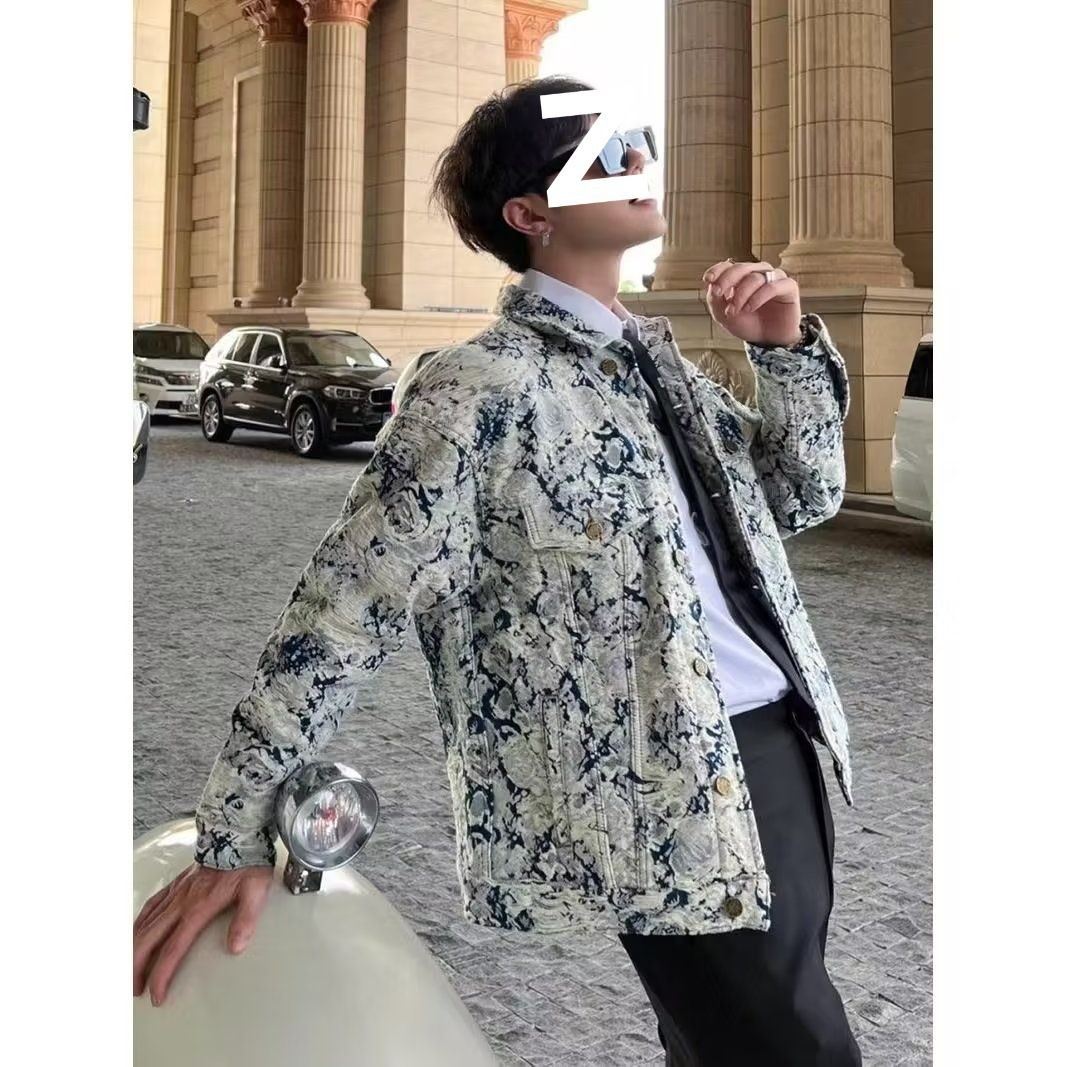 Men's Autumn Denim Jacket With Jacquard Collar - Stylish Loose Fit Zip-Up Casual Coat For Teens & Young Adults_mkmklike.com