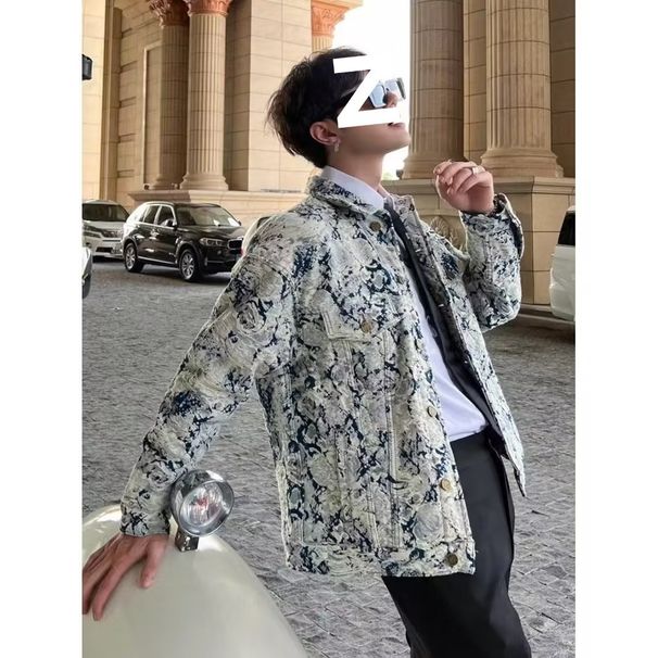 Men's Autumn Denim Jacket With Jacquard Collar - Stylish Loose Fit Zip-Up Casual Coat For Teens & Young Adults_mkmklike.com