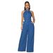 European And American Women's Denim Jumpsuit High Elastic Sexy Backless Lapel Wide Leg Pants Sleeveless 3582 Cross Border Fashion_mkmklike.com