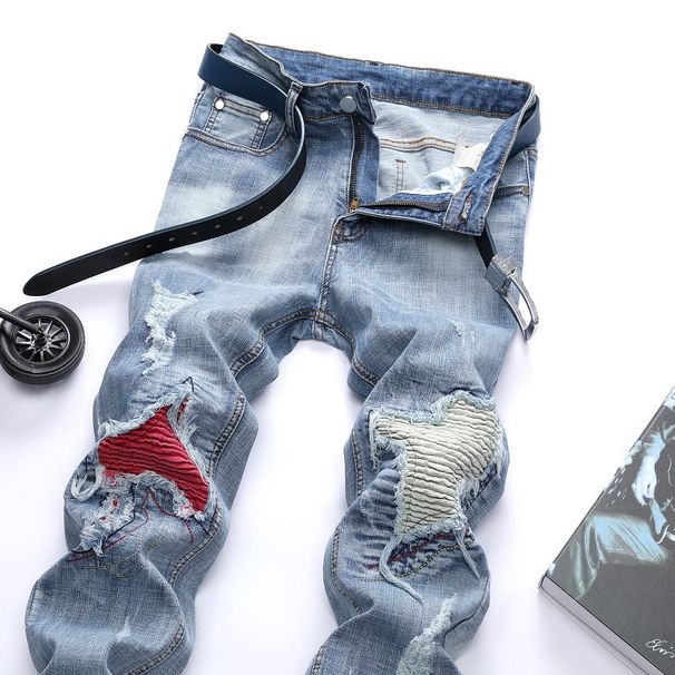 European And American Jeans, Light-colored Elastic Locomotive Pants, Ripped Jeans, Trendy Men's Pants_mkmklike.com