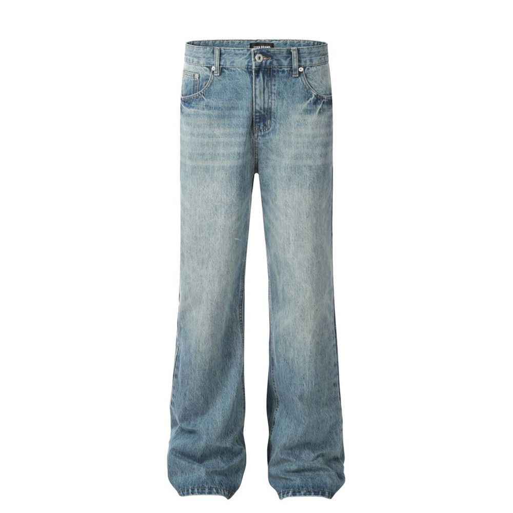 Washed Denim Long Trendy Brand High Street Men's American Style Loose Casual Distressed Straight-Leg Wide-Leg Pants_mkmklike.com