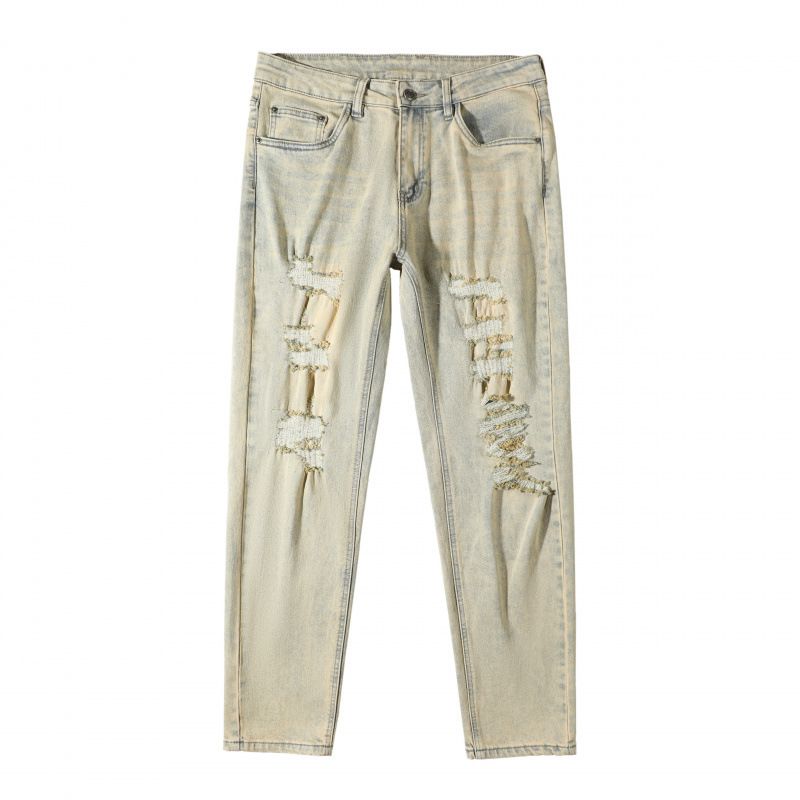 Men's Slim Fit Straight Leg Jeans Cross Border Export Ripped Yellow Mud Washed Distressed Casual Trousers European American Trendy_mkmklike.com