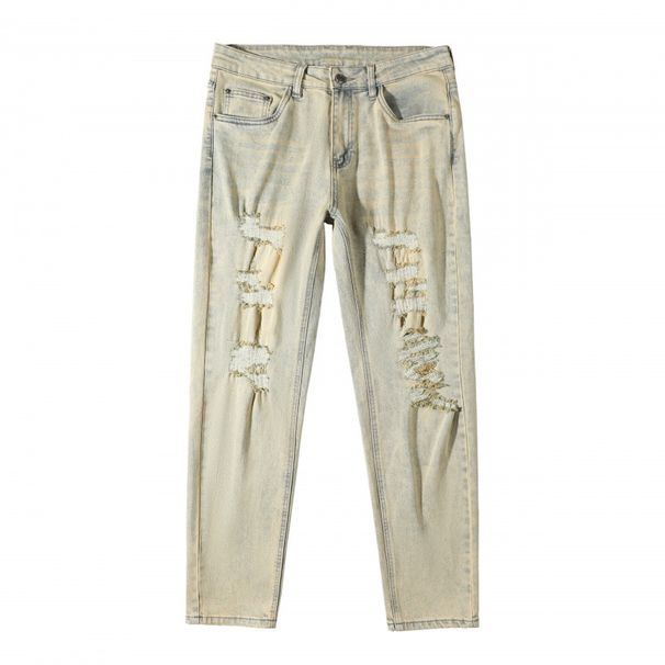 Men's Slim Fit Straight Leg Jeans Cross Border Export Ripped Yellow Mud Washed Distressed Casual Trousers European American Trendy_mkmklike.com