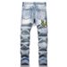Men Snake Embroidery Jeans Streetwear Pleated Patch Slim Tapered Pants Ripped Distressed Stretch Denim Trousers_mkmklike.com