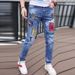 Personalized Graffiti Printing Pattern Jeans Men's Trend Korean Version Elastic Slim-fitting Small Feet Versatile Casual Trousers_mkmklike.com