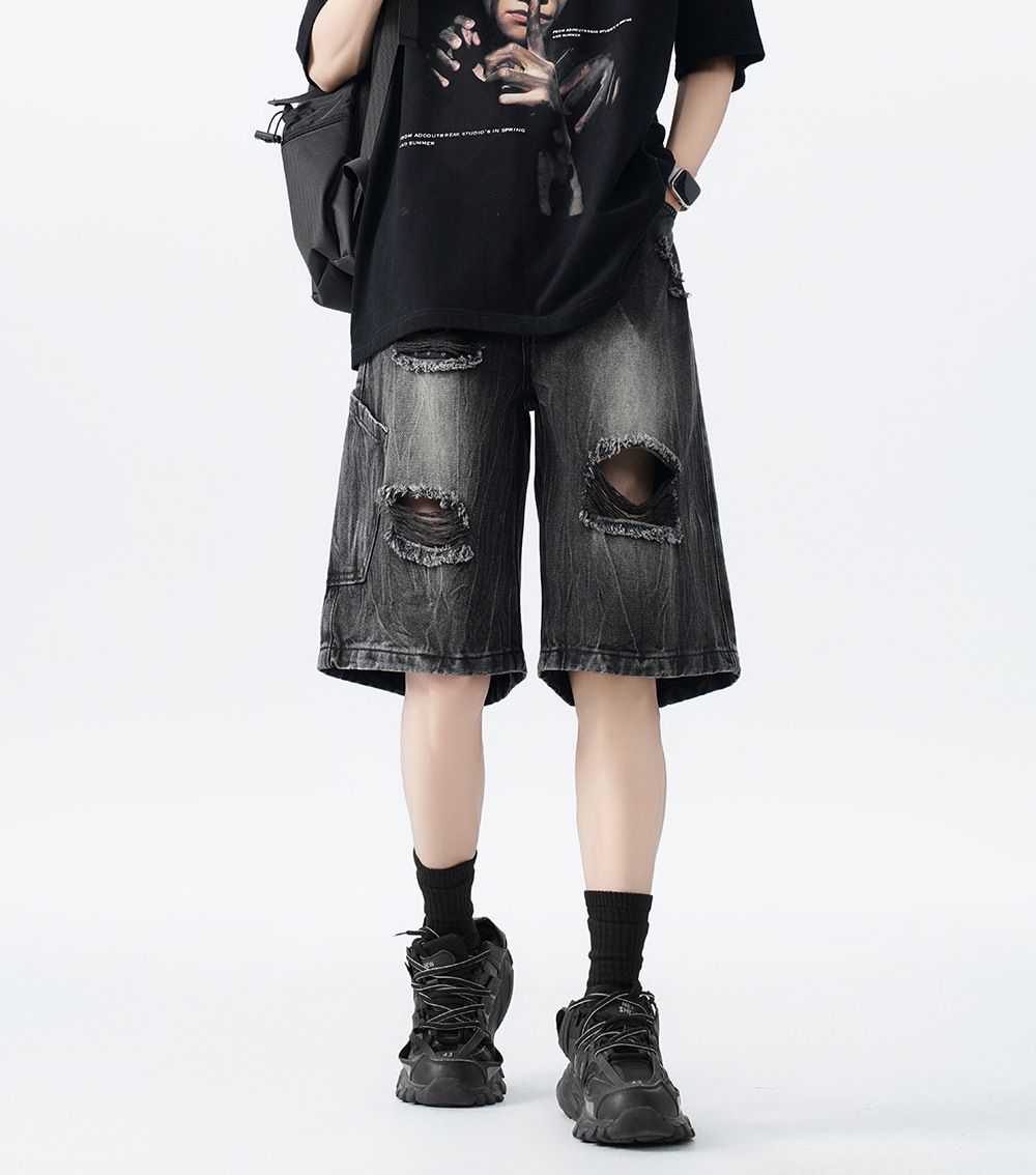 Men's Distressed Denim Shorts, Lightweight Ripped Knee-Length Cargo Shorts With Multiple Pockets, Loose Fit Streetwear Hip Hop Style Summer Shorts_mkmklike.com