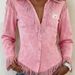 Women's Pink Faux Suede Fringe Shirt, Long Sleeve Button Down Western Cowboy Blouse, V Neck Slim Fit Casual Top For Daily Wear, Party, Country Style O_mkmklike.com