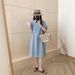 Denim Dress 2025 Summer New Korean Short Sleeved Medium Length Skirt, Children's Fashion Collar Shirt Skirt_mkmklike.com