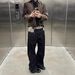 Unisex Raw Selvedge Denim Pants Wool-Blend Scarf Print Wide-Leg Trousers Straight Cut Washed Indigo_mkmklike.com