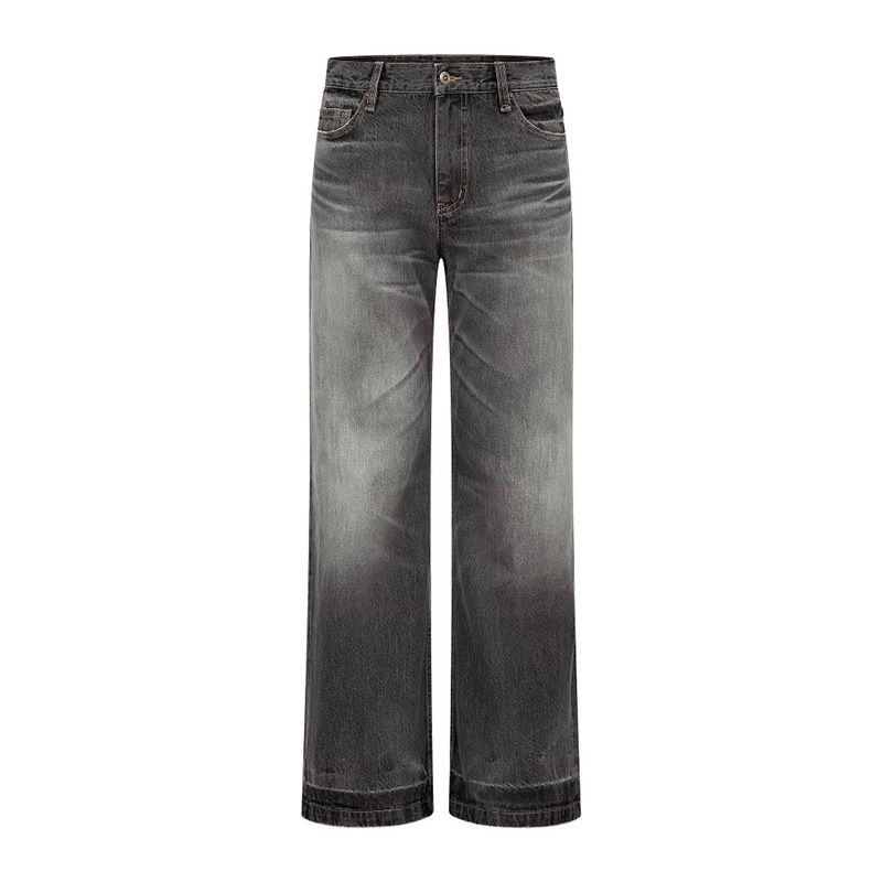 Men's Ice Wash Straight Leg Jeans - High-Ounce Distressed Denim With Cat Whisker Details_mkmklike.com