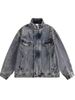 Autumn Winter Versatile Half Turtleneck Basic Coat Unisex Loose Retro Street Style Denim Jacket Trendy_mkmklike.com