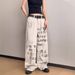 Distressed Parisian Street Style Letter Print Jeans For Men & Women - High Waist Straight Leg Baggy Wide Pants With Vintage Wash_mkmklike.com