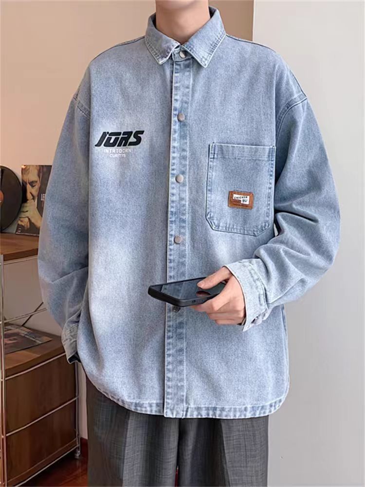 Vintage Distressed Printed Denim For Men, Autumn Export Loose Letter Turn-Down Collar Long Sleeve Top, Trendy Casual_mkmklike.com