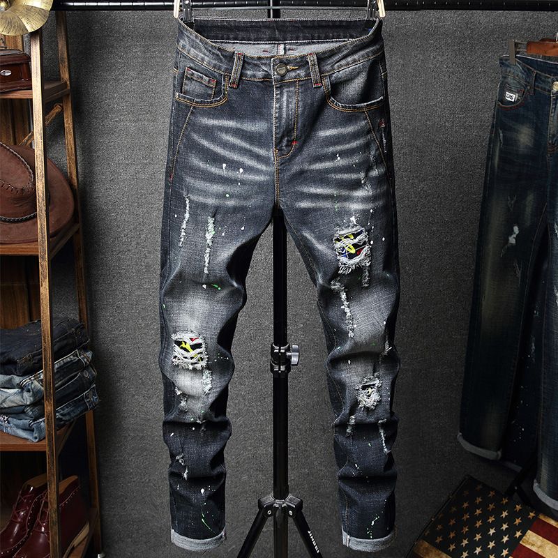 Men's Clothing Slim Fit Stretch Ripped Jeans European American Style Patched Trendy Casual Distressed Pants For Youth Autumn Wear_mkmklike.com