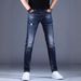 Men's Slim Fit Stretch Ripped Jeans Dark Blue Multi-Layered Distressed Skinny Denim Mid Waist Simple Design_mkmklike.com