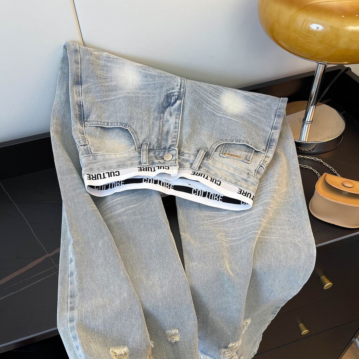 Women's Clothing Patchwork Distressed Jeans For Women, New Spring And Autumn Style, Light Blue, High Waisted, Slimming, Loose Wide Leg Trousers._mkmklike.com