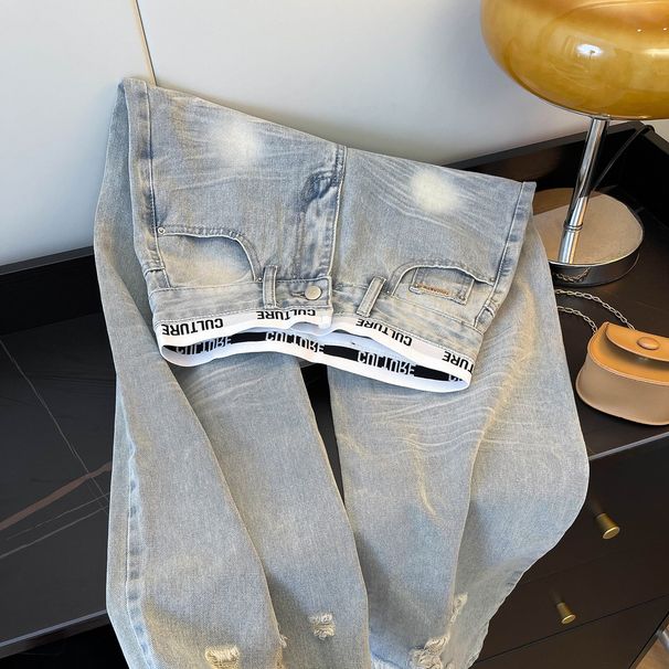 Women's Clothing Patchwork Distressed Jeans For Women, New Spring And Autumn Style, Light Blue, High Waisted, Slimming, Loose Wide Leg Trousers._mkmklike.com