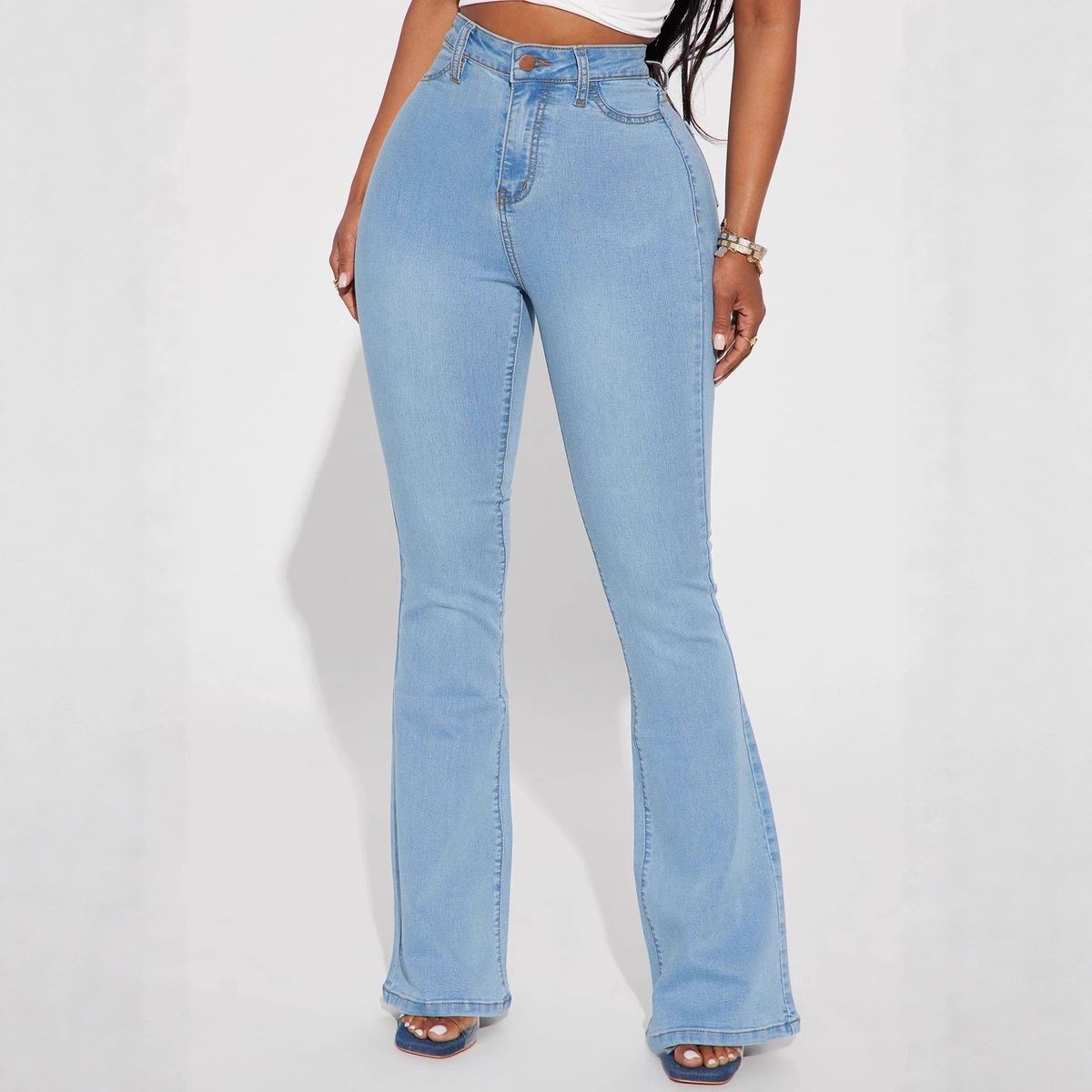 Women's High-Waisted Flared Jeans Washed Stretchy Slim Fit Cotton Denim With Pockets Casual Fashion_mkmklike.com
