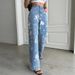 Retro Floral Print Jeans – High-Waisted Wide Leg (Blue, Cotton Blend, Boho Chic S-XL, Washed & Non-Stretch For Authentic Vintage Feel)_mkmklike.com