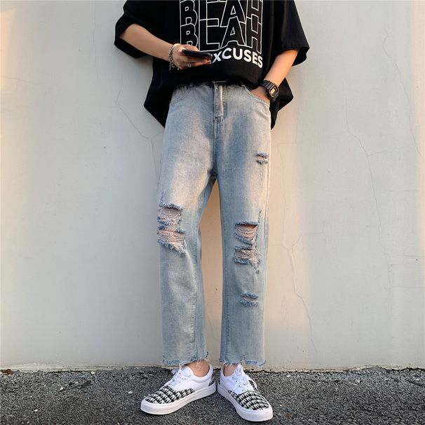 Men's Trendy Washed Distressed Ripped Jeans Loose Straight Leg High Street Style American Retro Frayed Hem_mkmklike.com