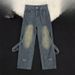Old Strap Splicing Design Sense Deconstruction Jeans Men's Autumn Loose Casual Washed Straight Scimitar Pants_mkmklike.com