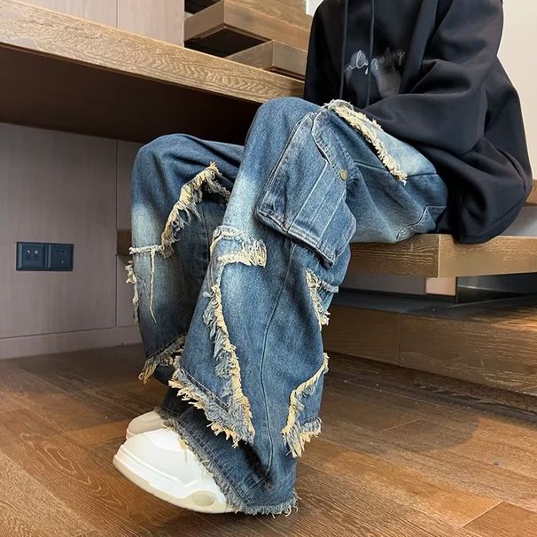 Men's Vintage Star-Embellished Jeans – Distressed Wash | Oversized Cargo Pockets | High Street Wide-Leg Trousers (S-Xxxl)_mkmklike.com