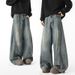 Vintage Washed Denim Jeans For Men – Retro Wide-Leg Flared Pants With Contrast Stitching, 90s Baggy Streetwear Style, Distressed Loose Fit_mkmklike.com