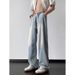 Light Blue Men's Distressed Jeans Retro Washed Loose Fit plus Size Straight Wide Leg Unique Style_mkmklike.com