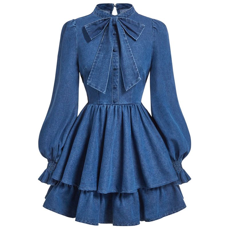 K Women's Sweet And Trendy Bow Tie Waist Slimming Denim Dress_mkmklike.com