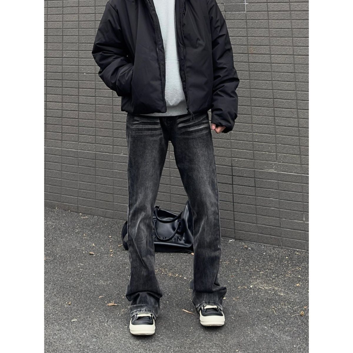 Men's Slim Fit Flared Jeans – Fleece-Lined Winter Denim Pants, High Waisted Stretch Black Jeans (Black/Gray, S-3XL)_mkmklike.com