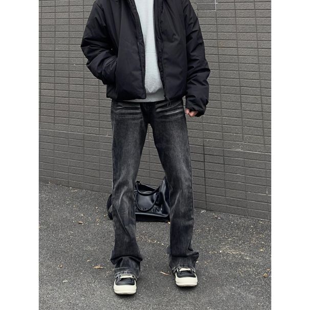 Men's Slim Fit Flared Jeans – Fleece-Lined Winter Denim Pants, High Waisted Stretch Black Jeans (Black/Gray, S-3XL)_mkmklike.com
