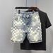 Men's Heavyweight Checkered Denim Shorts Summer Wash Distressed Retro Style Trendy Capri Pants_mkmklike.com