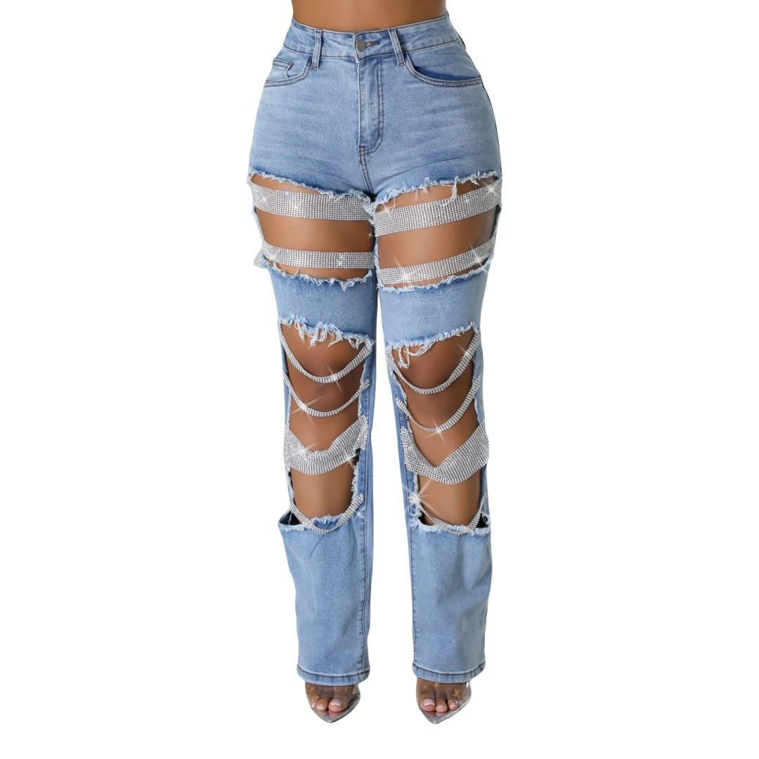 Women's Clothing Hot Girl Summer Pants Holes Heavy Beaded Beaded Stretch Jeans Trousers Women Jeans_mkmklike.com