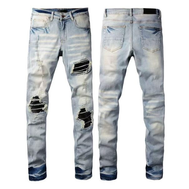 Men's Clothing Retro Light Colored Ripped Jeans For Men Slim Fit Skinny Long Pants Patch Elastic High Street Fashion_mkmklike.com