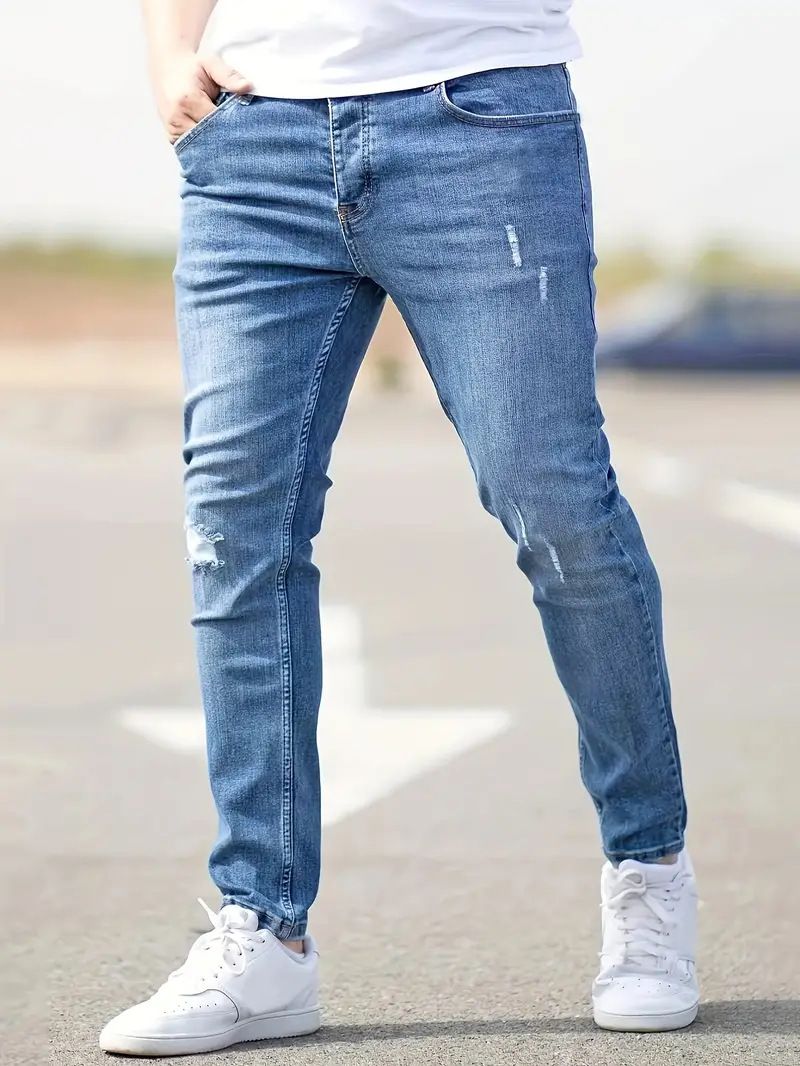 Men's Slim Fit Stretch Jeans - British Style Washed Denim, Mid-Rise With Zip Detail (Light Blue/Black/Gray, S-2XL)_mkmklike.com