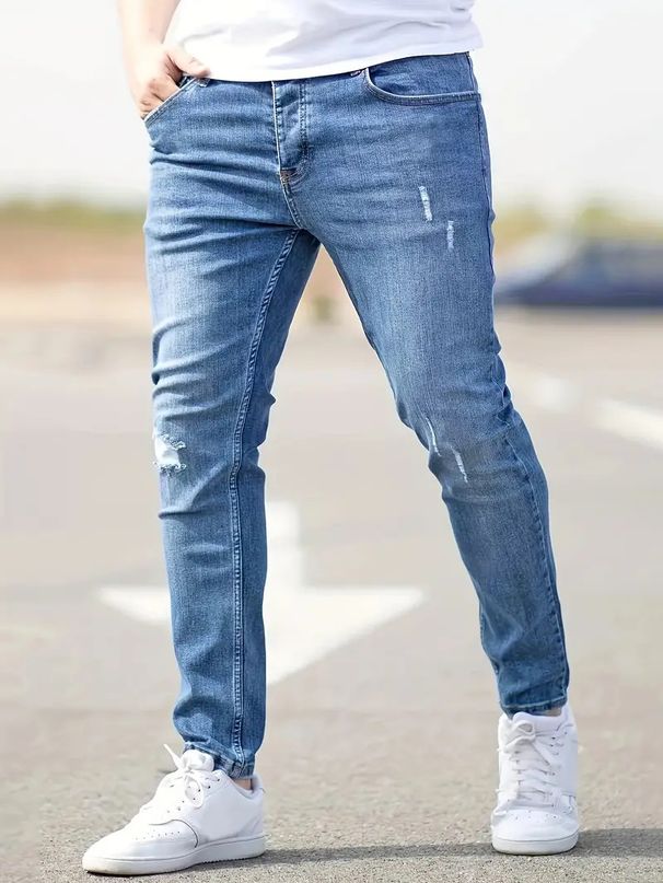 Men's Slim Fit Stretch Jeans - British Style Washed Denim, Mid-Rise With Zip Detail (Light Blue/Black/Gray, S-2XL)_mkmklike.com