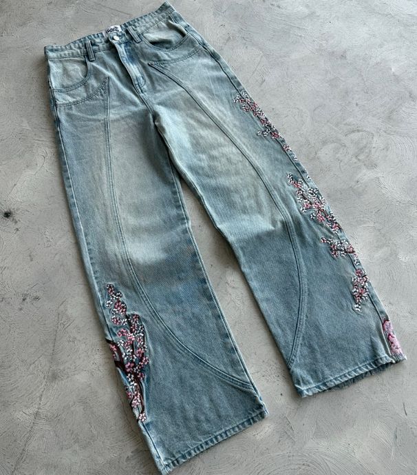 Women's Clothing Plum Blossom Embroidery New Denim Style Street Fashion Embroidered Straight Pants Mid Waist Jeans_mkmklike.com