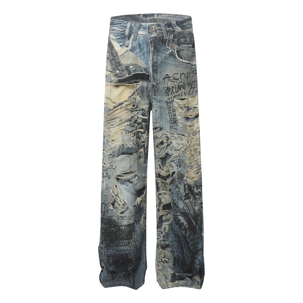 "Men's Distressed Graffiti Jeans - 3D Digital Print Streetwear Denim Pants, Loose Fit Wide Leg Trousers For Urban Fashion"_mkmklike.com