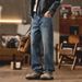 Slim Fit Dark Blue Trendy Jeans For Men Loose Straight Leg Versatile Luxurious Wide Leg Trousers Perfect For College Students Spring Autumn_mkmklike.com