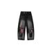 Men's Clothing Heavy Craft Embroidery Retro Red Checkered Patch Stitching Distressed Washed Black Wide Leg Jeans Drape Mopping Pants_mkmklike.com
