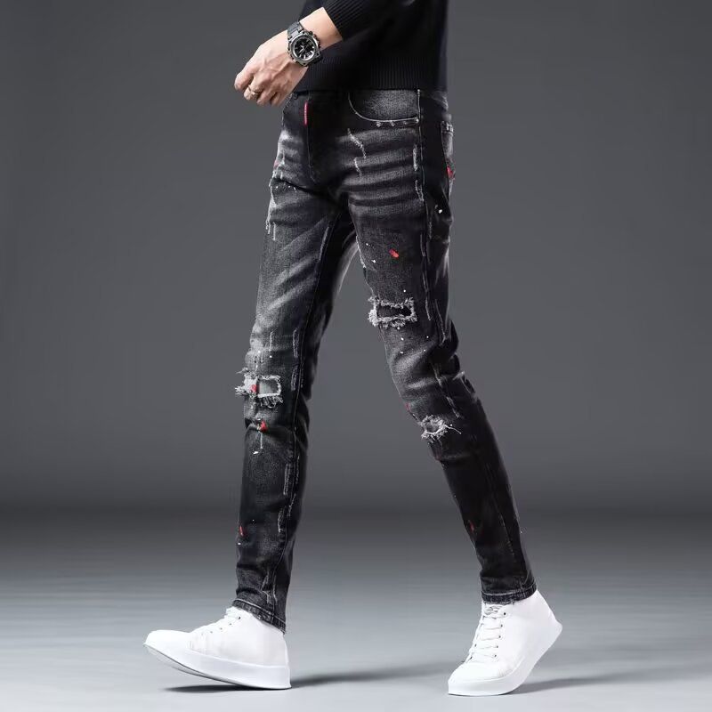 Autumn New Black And Gray Jeans Men's Slim Fit Small Feet Splashed With Paint Holes High-end Casual Long Pants Men_mkmklike.com