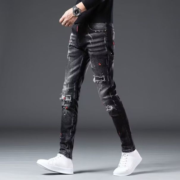 Autumn New Black And Gray Jeans Men's Slim Fit Small Feet Splashed With Paint Holes High-end Casual Long Pants Men_mkmklike.com