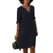 Women's cotton and linen small V-neck stitching retro solid color cropped sleeve dress women_mkmklike.com