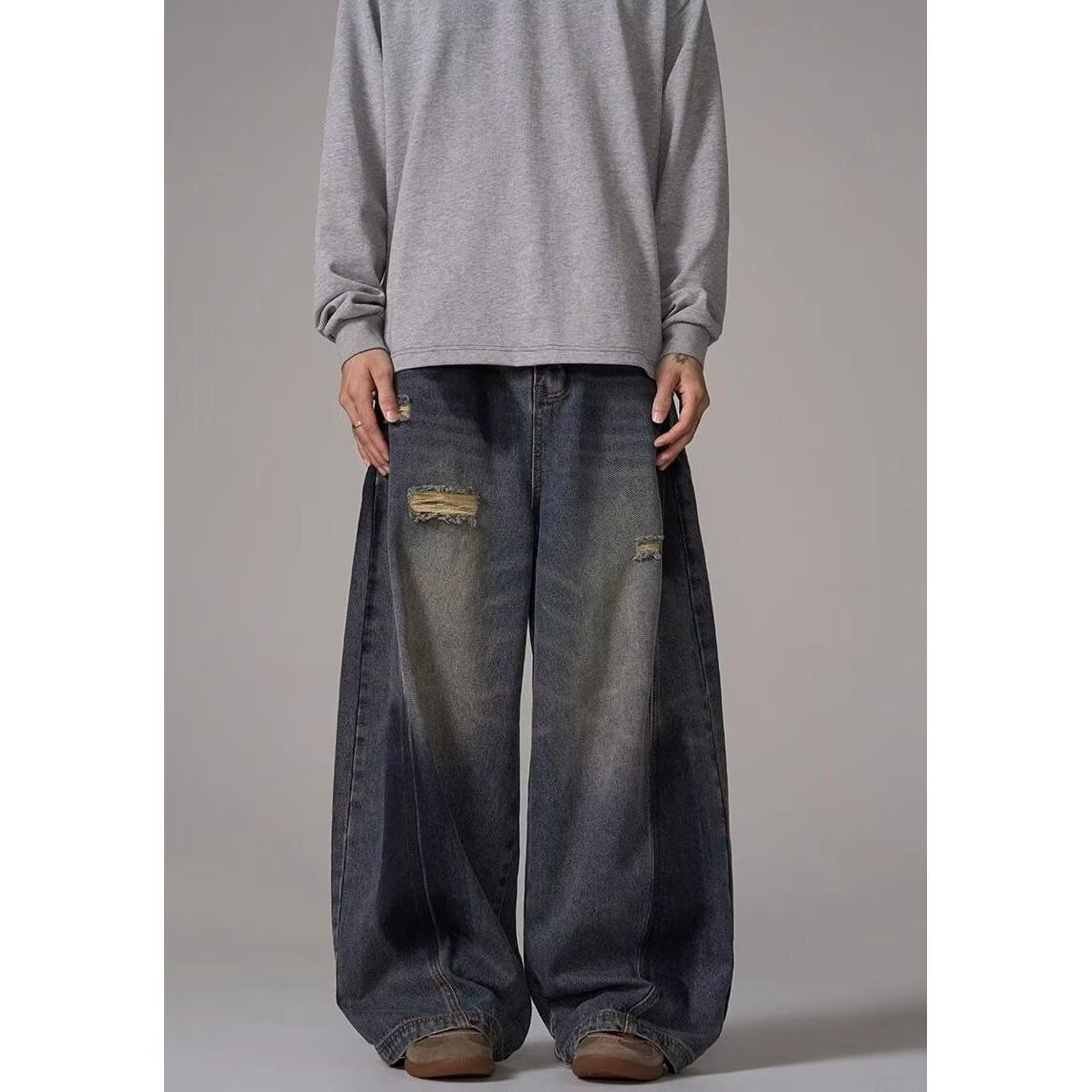 Men’s Clothing High Street Graffiti Jeans Men And Women Ripped Design Vibe Loose Wide Leg Bloomers_mkmklike.com
