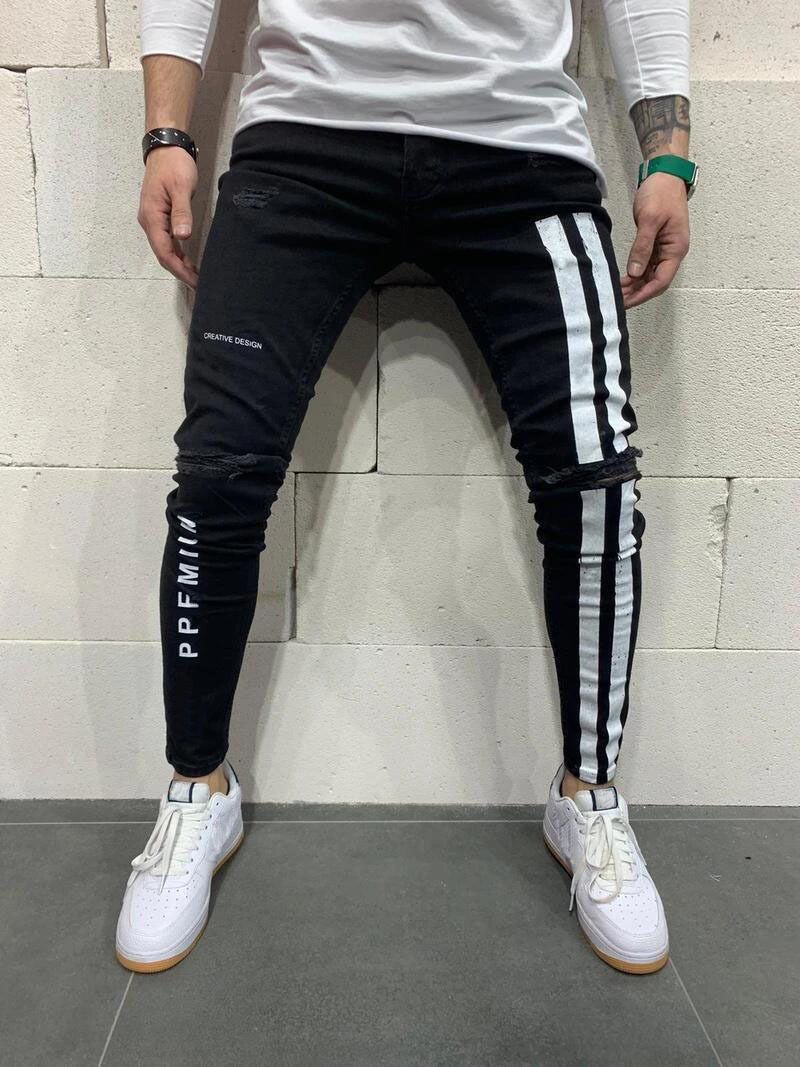 Men's Skinny Ripped Jeans With Paint Splatter Print – Stretch Denim Pants For Streetwear & Hip-Hop Fashion (Black/Blue, S-Xxxl)_mkmklike.com