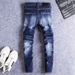 Men's Ripped Skinny Jeans High Street Style Distressed Dark Blue Washed Trendy Brand Embroidered Retro Slim Fit Jeans_mkmklike.com